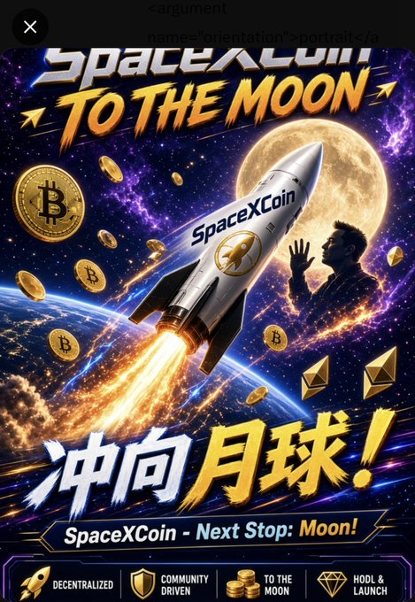 A promotional graphic for "#spacexcoin" features a rocket emblazoned with the SpaceXCoin logo blasting toward a full moon, surrounded by Bitcoin and Ethereum coins against a cosmic backdrop, with bold text reading "SpaceXCoin - Next Stop: Moon!" and Chinese characters "冲向月球!" (Charging toward the moon). The image aligns with the post's hype about SpaceXCoin as a potential alpha opportunity amid broader market weakness.