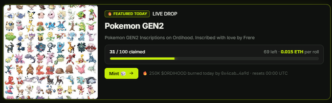 A screenshot of an NFT minting page for 'Pokemon GEN2' shows 31/100 claimed, priced at 0.015 ETH per roll, minted on Ordihood by Frere.