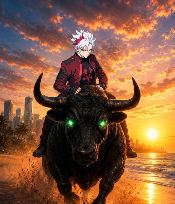 An anime-style illustration of a white-haired character in a red jacket riding a large black bull with glowing green eyes along a beach at sunset, with a city skyline in the background.
