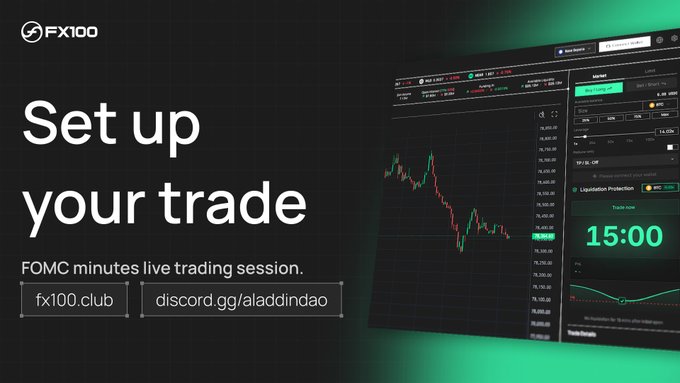 Promotional graphic for FX100 advertising 'FOMC minutes live trading session' with links to fx100.club and discord.gg/aladdindao, featuring a candlestick chart and 15:00 trade timer.