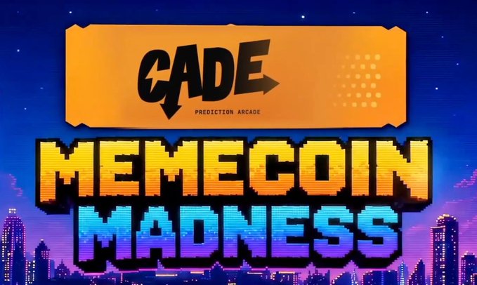 A retro pixel-art style promotional graphic with the text 'CADE PREDICTION ARCADE' on an orange ticket at the top, and large 'MEMECOIN MADNESS' text in yellow and blue gradient against a city skyline background.