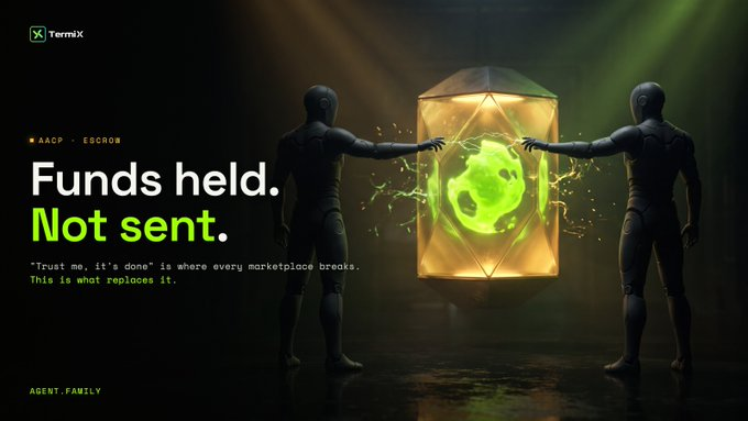 Two dark humanoid figures hold a glowing yellow cube containing a green sphere, with the text "Funds held. Not sent." and the Tagline "'Trust me, it's done' is where every marketplace breaks. This is what replaces it," along with TermX and "AACD - ESCROW" branding and "AGENT.FAMILY" label.

The image relates to the post by illustrating the escrow solution to AI's limitations—while AI can answer questions, it can't ensure funds actually change hands safely, which is exactly the "trust me" problem that escrow mechanisms solve.