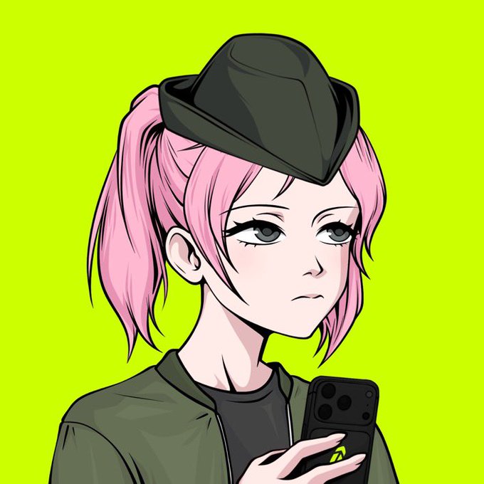 An anime-style illustration with pink hair and a black hat stares thoughtfully at her phone, evoking a skeptical or unimpressed reaction to the crypto/NFT giveaway promotion mentioned in the post.