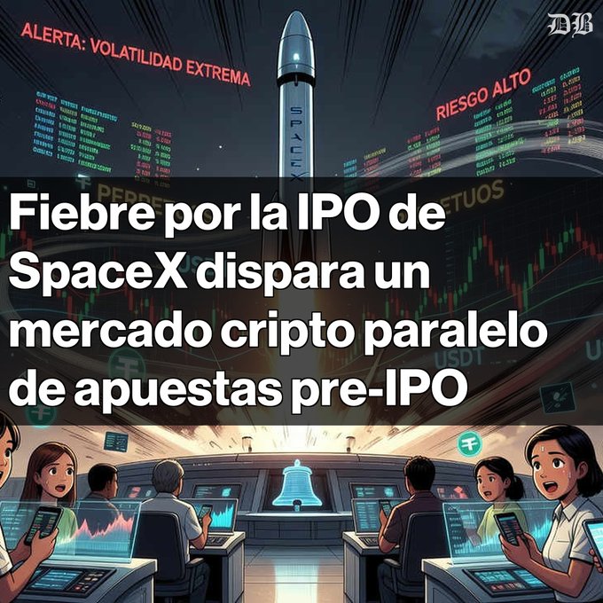 The image shows an illustration of people using their mobile phones with a rocket depicted as part of the scene, set against the backdrop of stock market figures. The caption at the bottom of the image reads "Fiebre por IPO de SpaceX en el mercado cripto Selanzan contratos perpetuos pre-IPO con un volumen diario promedio de USD $18 millones. Los riesgos son claros: liquidaciones, oráculos y falta de arbitraje. Una".