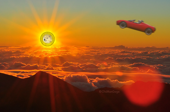 A red convertible car flies through the air above a sea of clouds at sunset, with a dog's face superimposed on the sun and the watermark '©OldManDoge' visible.