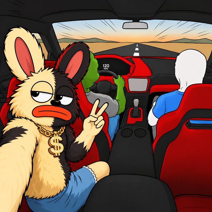 A cartoon furry rabbit character wearing a gold "$" chain flashes a peace sign while riding in a sports car going 120 MPH toward a desert sunset, fitting the $BORO airdrop post's vibe of fast money on Solana.