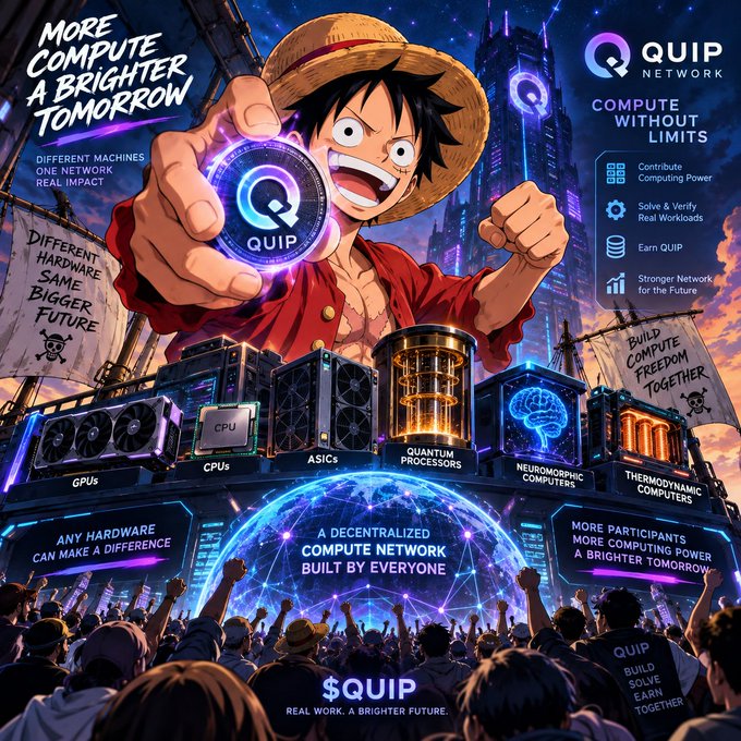 An anime-style promotional poster for 'QUIP Network' features an excited boy in a straw hat holding a QUIP coin, surrounded by futuristic computing hardware (GPUs, CPUs, ASICs, Quantum Processors) and the slogan 'More Compute A Brighter Tomorrow.'