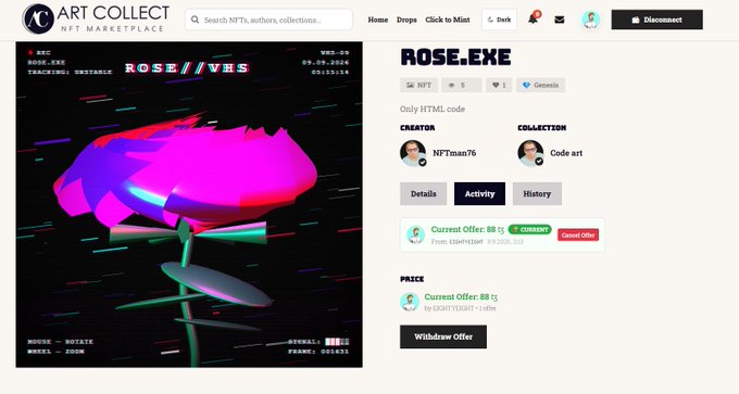 A screenshot of the Art Collect NFT Marketplace showing the listing page for 'ROSE.EXE', an NFT by NFTman76 in the 'Code art' collection, with a current offer of 88 ETH (currency) and a price of 88 tƐ.