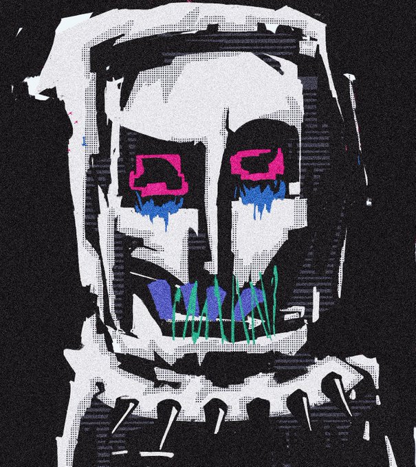A glitch-style digital illustration portrays a face with pixelated textures, featuring bright pink and blue dripping eyes and a jagged green-toothed mouth against a black background.