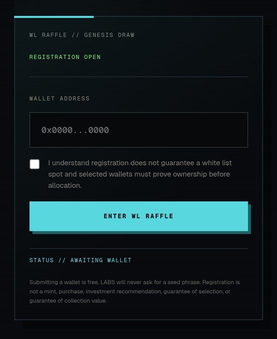 A dark-themed registration interface for the "WL RAFFLE // GENESIS DRAW" displays a wallet address input field, an unchecked acknowledgment box warning that registration doesn't guarantee a whitelist spot, and a teal "ENTER WL RAFFLE" button with "STATUS // AWAITING WALLET" shown below, supporting the post's encouragement to register a wallet on the Labs (LABS) website for their whitelist raffle on Ink.