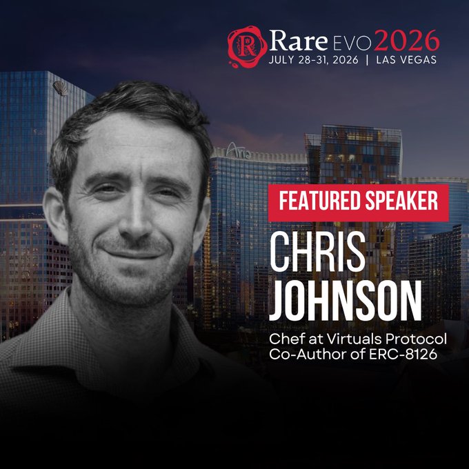 A promotional graphic for Rare EVO 2026 (July 28-31, 2026, Las Vegas) featuring a black-and-white photo of featured speaker Chris Johnson, identified as Chief at Virtuals Protocol and Co-Author of ERC-8126.