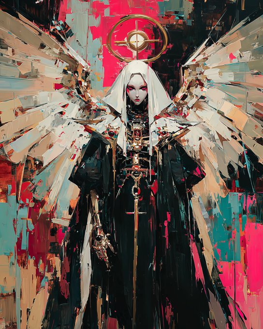 An abstract, expressionistic painting of a nun-like figure in a black robe and white veil with a golden halo and cross, standing before a chaotic, fragmented background of teal, pink, and red brushstrokes.