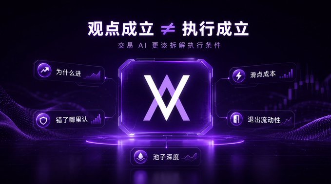 A promotional graphic with Chinese text '观点成立 ≠ 执行成立' and '交易 AI 更该拆解执行条件', featuring a central purple 'W' logo surrounded by icons labeled '为什么进', '滑点成本', '错了哪里认', '退出流动性', and '池子深度'.
