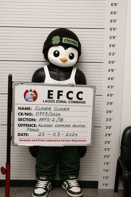 A penguin mascot wearing a green "clover" beanie is pictured against an EFCC (Lagos Zonal Command) mugshot board under the name "CLOVER CLOVER" for alleged computer-related fraud dated 25-03-2024.
