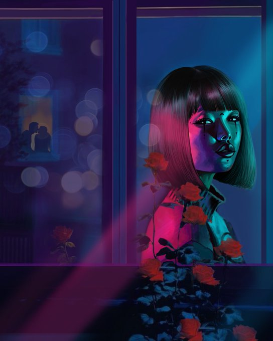 A neon-lit digital artwork of a woman with a sleek black bob haircut, illuminated in pink and teal tones, surrounded by red roses in a windowed setting with a silhouetted couple in the background.