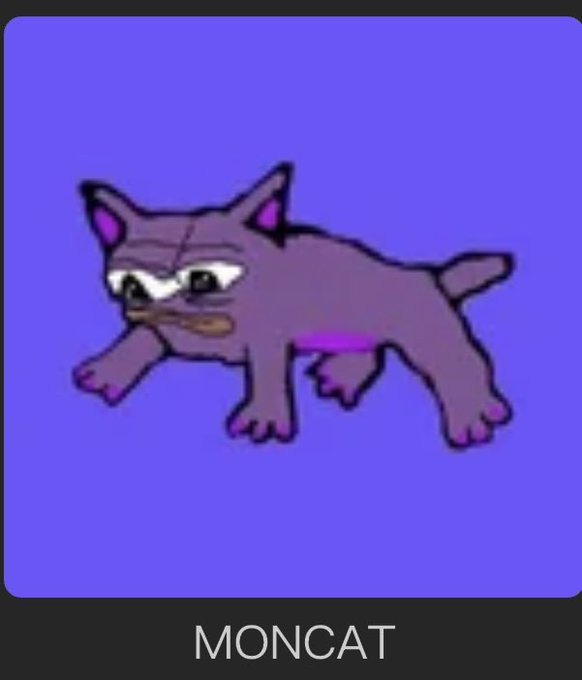 A cartoon-style drawing of a purple cat with sad eyes and stitched markings on a purple background, labeled 'MONCAT' at the bottom.