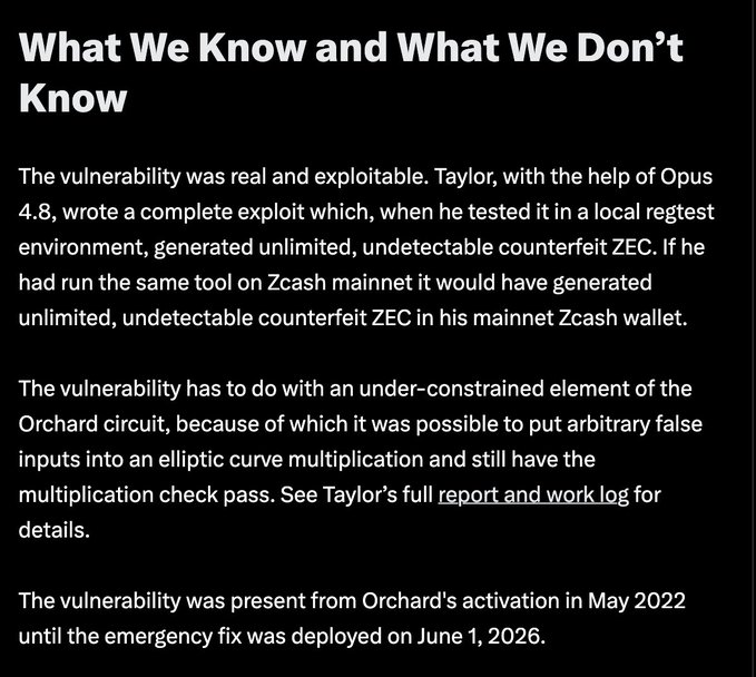 The image shows a black background with white text that reads "What We Know And What We Don't". The text is written in a block style font, which gives it a formal appearance. The main focus of the image is an explanation about vulnerabilities and exploits, specifically related to the vulnerability of the zec currency system. It explains how someone could have exploited this vulnerability by minting unlimited zecs, causing problems for anyone trying to use them.