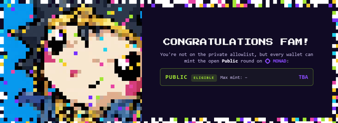 A pixel-art 'CONGRATULATIONS FAM!' notification indicating the user is not on a private allowlist but can mint the public round on MONAD, with 'Max mint: TBA'.