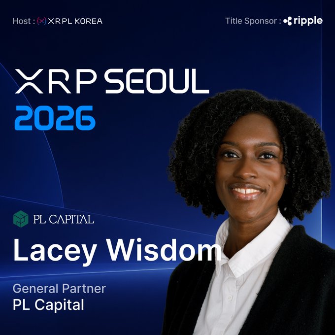 Promotional graphic for XRP Seoul 2026 conference featuring Lacey Wisdom, General Partner at PL Capital, hosted by XRP Korea with Ripple as title sponsor.