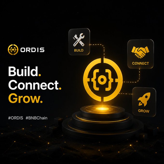A promotional graphic for ORDIS with the text 'Build. Connect. Grow.' alongside hashtags '#ORDIS #BNBChain', featuring a glowing central icon with three connected service badges: Build (tools), Connect (handshake), and Grow (rocket).