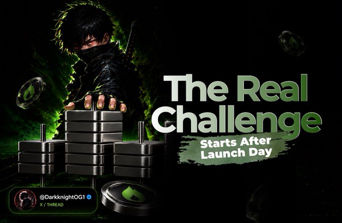 A stylized anime warrior figure rises from a glowing green portal behind stacked black and green weight plates, with the bold text "The Real Challenge Starts After Launch Day" displayed beside him. The X handle "@DarkknightOG1" appears in the lower left, visually reinforcing the post's message that the true test for token launches comes after launch day, when most projects fail to sustain their momentum.