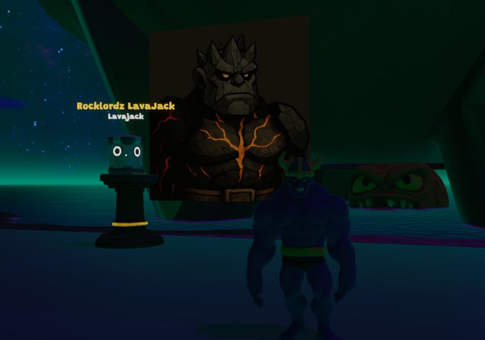 A dark video game scene showing a large stone gorilla with glowing lava cracks alongside a muscular blue character in a dark, starry environment, with a player named 'Rocklordz LavaJack' visible.