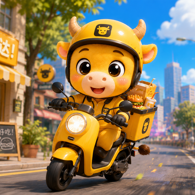 3D illustration of an adorable cartoon cow character wearing a yellow helmet and outfit, riding a yellow scooter with a delivery box containing a burger on a sunny city street.