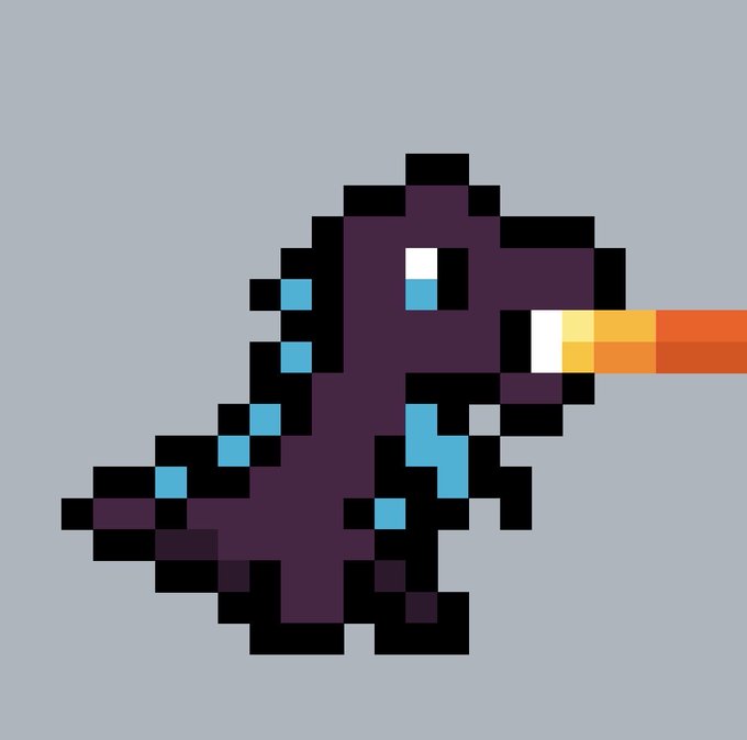 A pixel art illustration of a purple dragon-like creature with cyan accents breathing orange and yellow fire against a gray background.