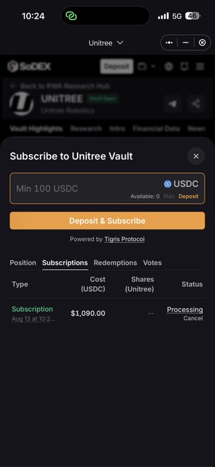 A mobile screenshot of a SoDEX/Unitree Vault subscription interface showing a "Subscribe to Unitree Vault" prompt with a $1,090.00 Subscription, powered by Tigris Protocol.