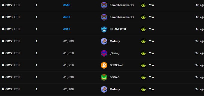 Cryptocurrency transaction history list showing small ETH purchases (around 0.0022-0.0023 ETH) by various users including KarambazambaOS, INSANEWOT, Mojerry, _Smile_, and 0333SeaP.