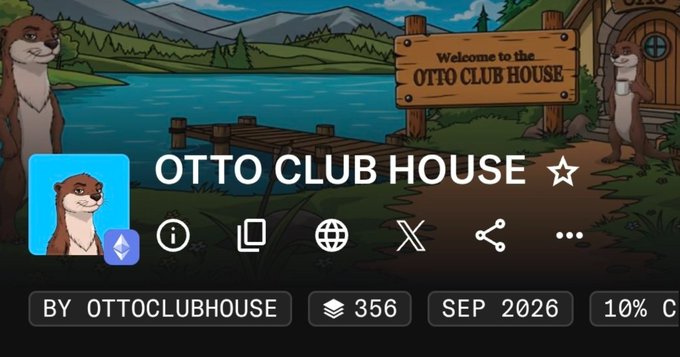 Promotional banner for "OTTO CLUB HOUSE" featuring cartoon otters and lake scenery, showing it as a meme coin by OTTOCLUBHOUSE with 356 holders, September 2026 launch.