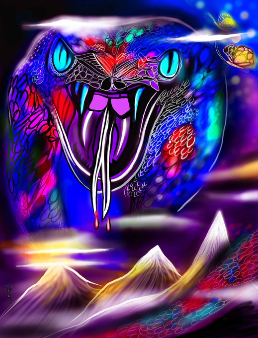 A vibrant, psychedelic digital artwork features a monstrous creature with glowing cyan eyes and long fangs, rendered in bright blues, purples, and reds with a highly detailed, patterned skin texture.