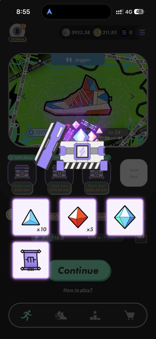 The image shows a phone screen with an app icon displayed, which appears to be a game or puzzle. The icons include a pair of sneakers, a diamond, and a book. There are also several other icons related to gameplay elements such as "stepn" and "run". The background is black, providing contrast for the colorful icons on the phone screen.