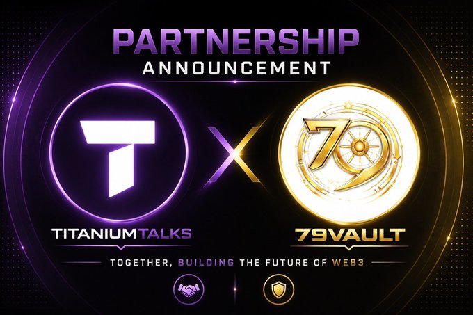 A promotional graphic announcing a 'PARTNERSHIP' between 'TITANIUM TALKS' and '79VAULT' with the tagline 'TOGETHER, BUILDING THE FUTURE OF WEB3'.