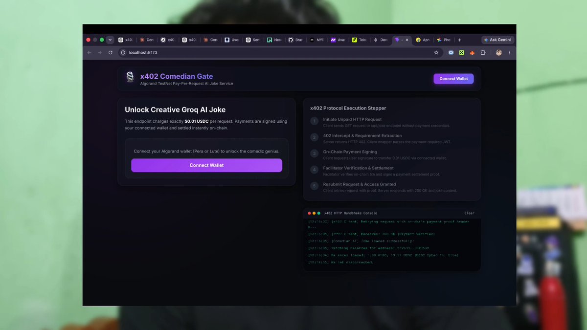 A screenshot of a web application called "x402 Comedian Gate" featuring an "Unlock Creative Groq AI Joke" service that charges $0.01 USDC per request, with a protocol execution stepper and a handshake console.