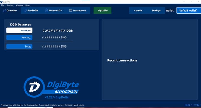 A screenshot of the DigiByte Blockchain DigiDollar wallet interface (v9.26.5) showing masked DGB balances in Available, Pending, and Total categories with privacy mode activated.
