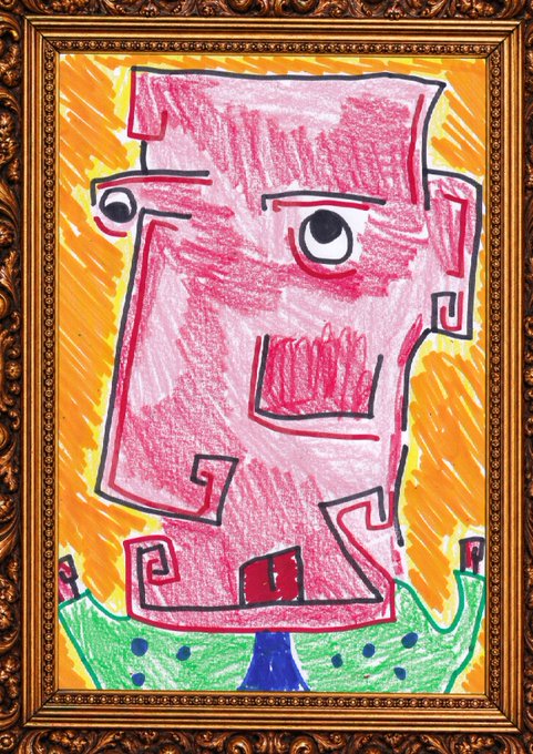 A child's crayon drawing in an ornate gold frame, depicting a pink blocky figure with a mustache and mismatched eyes standing on green and blue ground against an orange background.