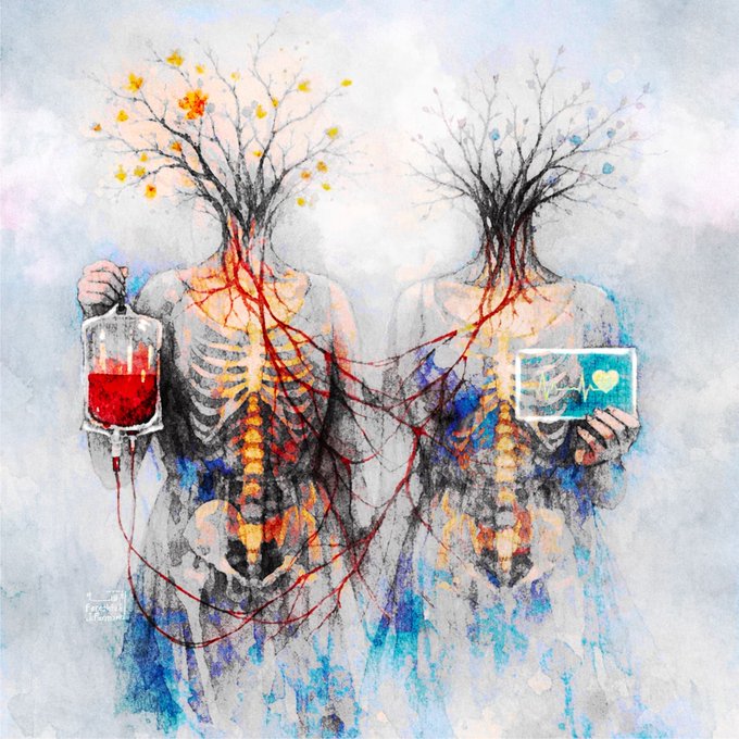 A watercolor-style illustration depicts two skeletal figures with tree branches for heads, connected by red, root-like veins, one holding a bag of red liquid and the other a small screen showing a heart.