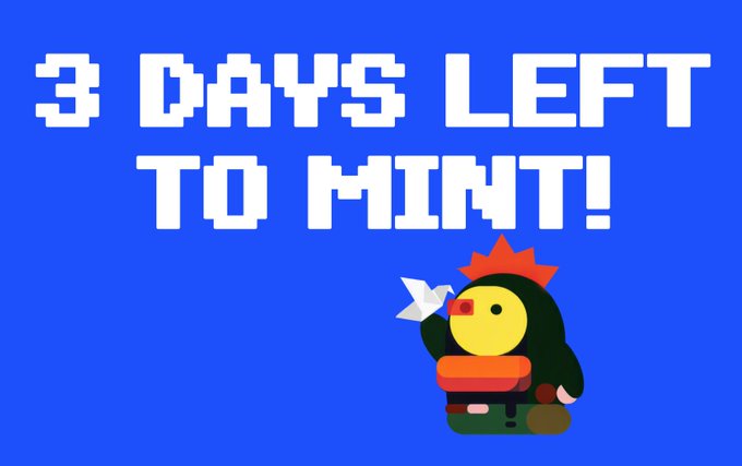 A blue promotional graphic with pixel art text reading '3 DAYS LEFT TO MINT!' alongside a cartoon character with spiky hair holding a white paper airplane.