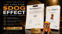 A promotional graphic for 'THE FIRST EVER $DOG EFFECT' featuring a certificate and a small dog figurine, with details about a limited NFT collection.
