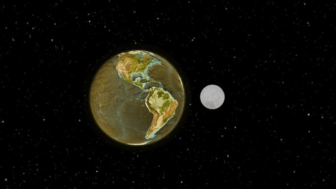 A digital rendering of Earth viewed from space with the Americas facing the viewer, accompanied by the moon to its right against a starry background.