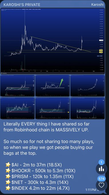 A screenshot from 'Karoshi's Private' showing stock trading charts and bragging about shared picks with massive gains: $AI up 18.5X, $HOOKR 10X, $PRISM 11X, $NET 14X, and $INDEX 4.7X.