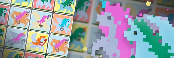 A grid of pixel art character icons displayed in colorful squares, with a large pink and blue pixelated character figure on the right side surrounded by small confetti squares.