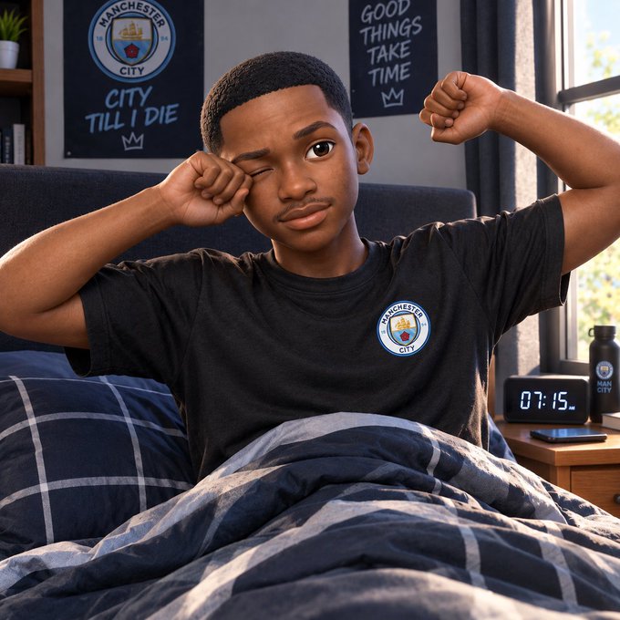A young man in a Manchester City t-shirt wakes up in bed rubbing his eyes, with 'CITY TILL I DIE' and 'GOOD THINGS TAKE TIME' signs on the wall behind him.