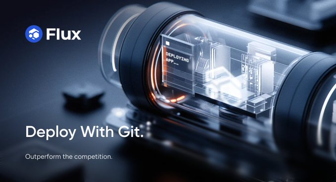 A sleek tech graphic featuring the "Flux" logo in the top left corner shows a futuristic cylindrical device displaying "DEPLOYING APP..." on a holographic screen, visually reinforcing the post's message about combining enterprise governance with fast, automated deployments through the Flux Ecosystem. The tagline "Deploy With Git. Outperform the competition." appears at the bottom, highlighting how Git approval gates integrate with Flux to deliver both control and speed.