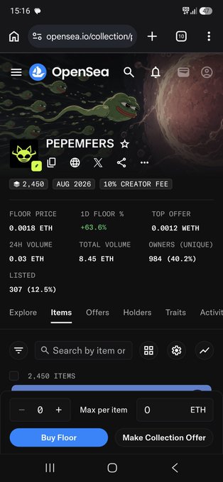 An OpenSea mobile screenshot of the 'PEPEMFERS' NFT collection showing a floor price of 0.0018 ETH, +63.6% floor increase, with 2,450 items and a buy floor option.