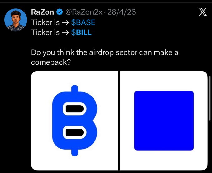 The image features a Twitter post with a caption that reads, "One became trash $BASE → is the last hope". The caption is accompanied by an illustration of a blue square and a white dollar sign. The post also includes a link to a poll about the meaning behind the symbols used in the caption.