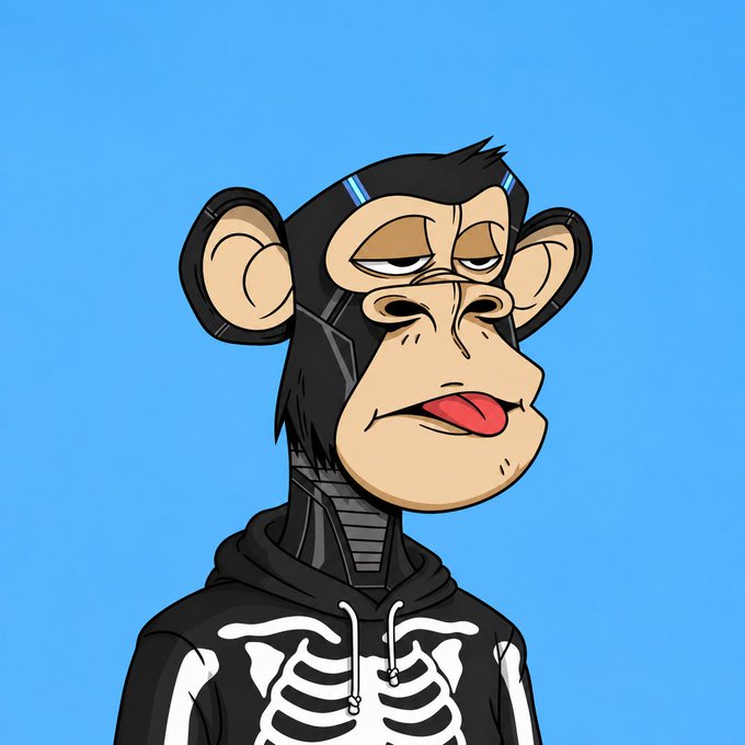 A cartoon illustration features a Bored Ape-style monkey character wearing a black hoodie with a white skeleton design, set against a solid blue background.