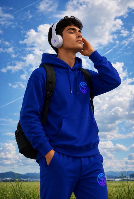 A young man wearing a blue hoodie and matching sweatpants, featuring a purple logo, stands outdoors with white headphones on, eyes closed and hand to his ear, appearing to enjoy music. The accompanying post wishes followers a good morning and weekend, promoting "$stkr" — likely a ticker symbol that aligns with the relaxed, upbeat mood of the image.