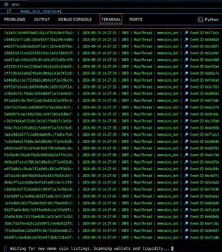 A computer screen displays a terminal window with numerous 'MainThread' Python errors and a loading message at the bottom reading 'Waiting for new mem coin listings: Scanning wallets and liquidity...'